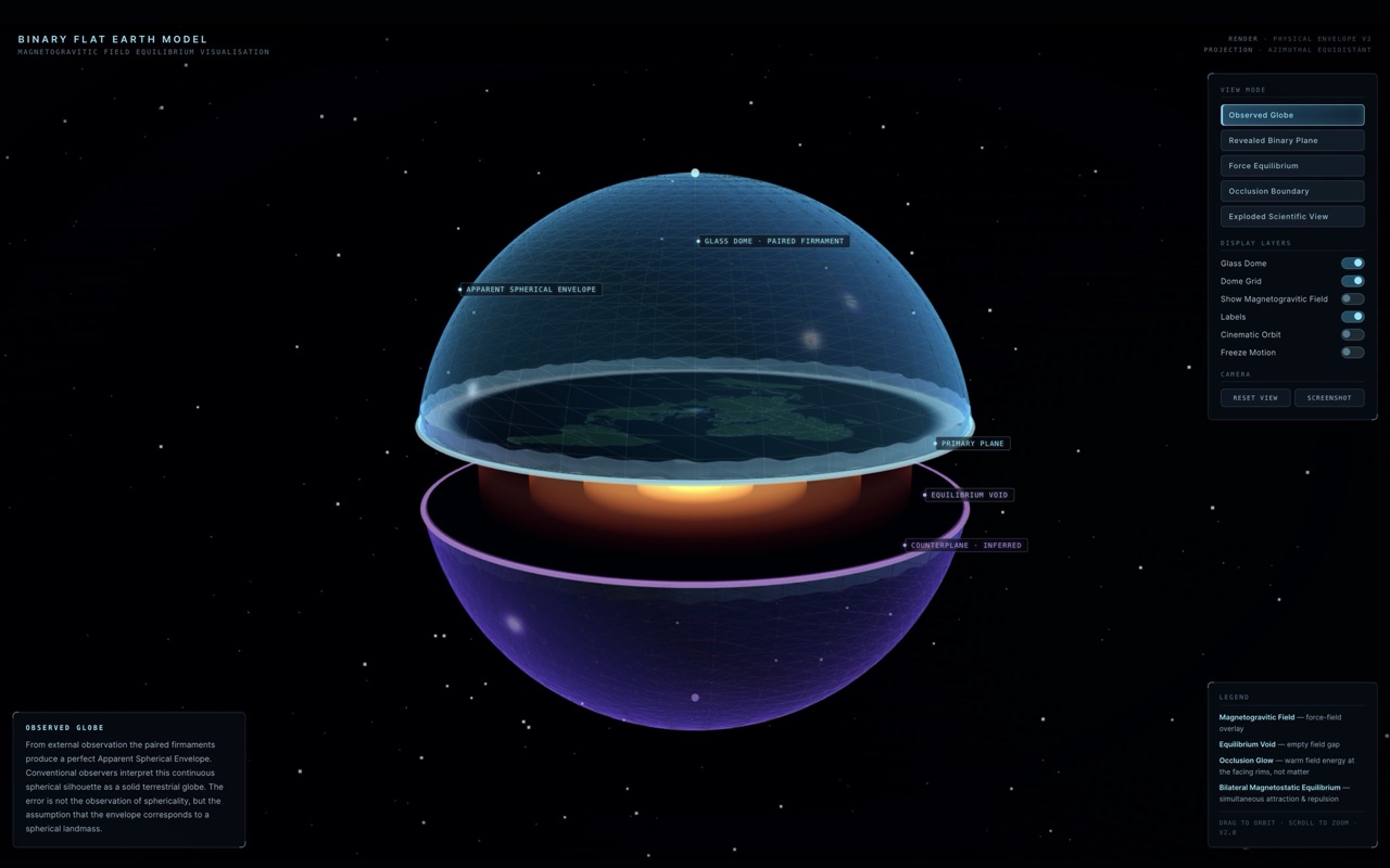 Preview of the interactive Binary Flat Earth Model showing the split transparent firmaments, Primary Plane, Counterplane, and force vectors